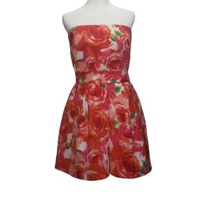 New York & Company Strapless Floral Romper L Rose Print Belted Pockets